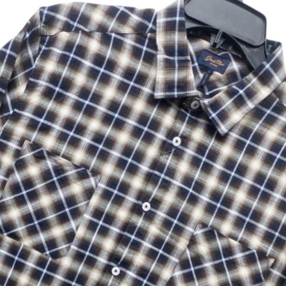 Good Man Brand On-Point Shirt Men's L Blue Brown Tan Plaid Cotton NWOT